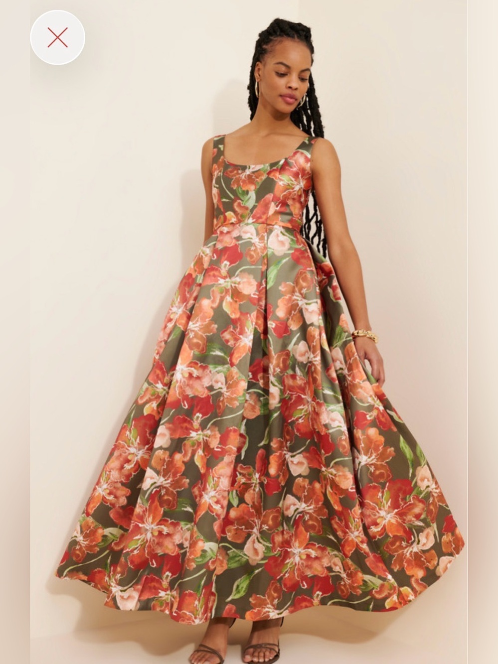 Hutch Floral Sleeveless taffeta Maxi Dress in Olive and Coral